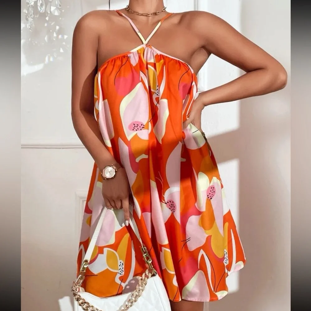 Boho Abstract Print Halter Dress Red - Picture 3 of 6